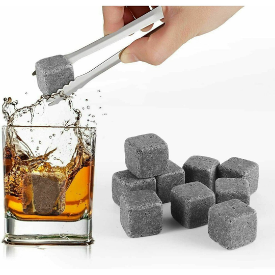 9 PCS WHISKY STONES ROCKS ICE DRINKS CUBES GRANITE SCOTCH & POUCH