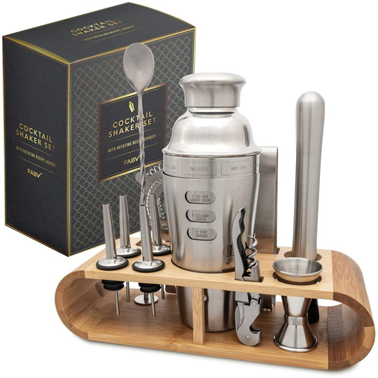 FABV Cocktail Making Set - 12 Pieces with Stand - 700ml Rotation Recipe Guide Cobbler Shaker with Cocktail Accessories Set - Full Stainless