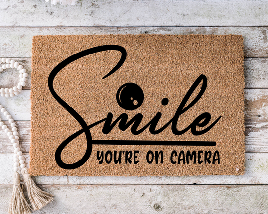 Smile You're On Camera, Funny Doormat, Housewarming Gift, Welcome Mat, Door Closing Wedding Gift -154