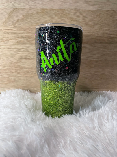 Green & Black Metal Glitter Tumbler, Free Personalization, Lime Green, Gunmetal Gray