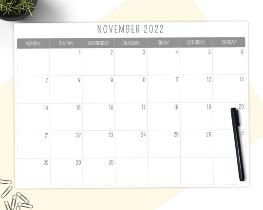 12 Months Grey Monthly Calendar Notepad - A4 Tearable Yearly Organiser Pad Choose Your Start Month