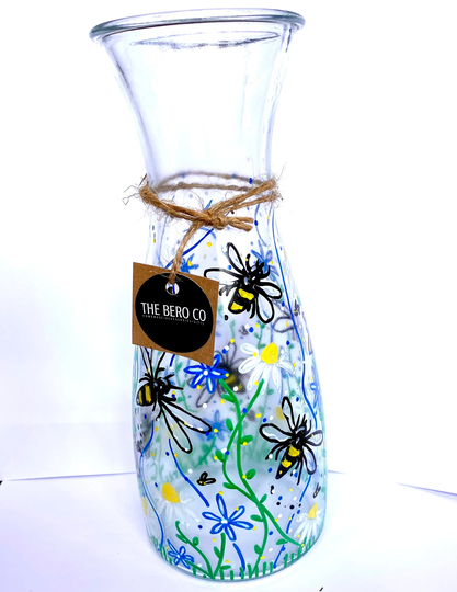 Hand Painted Bee Vase | Glass Vase, Carafe, For Flowers, Wine Gift, Gift Ideas, Home Decor, Colourful B&b Decor