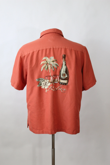 Vintage Tropical Embroidered Shirt. Rust Orange Palm Trees Wine Glasses Relax Design. Size Medium. Gogovintage. Free Shipping
