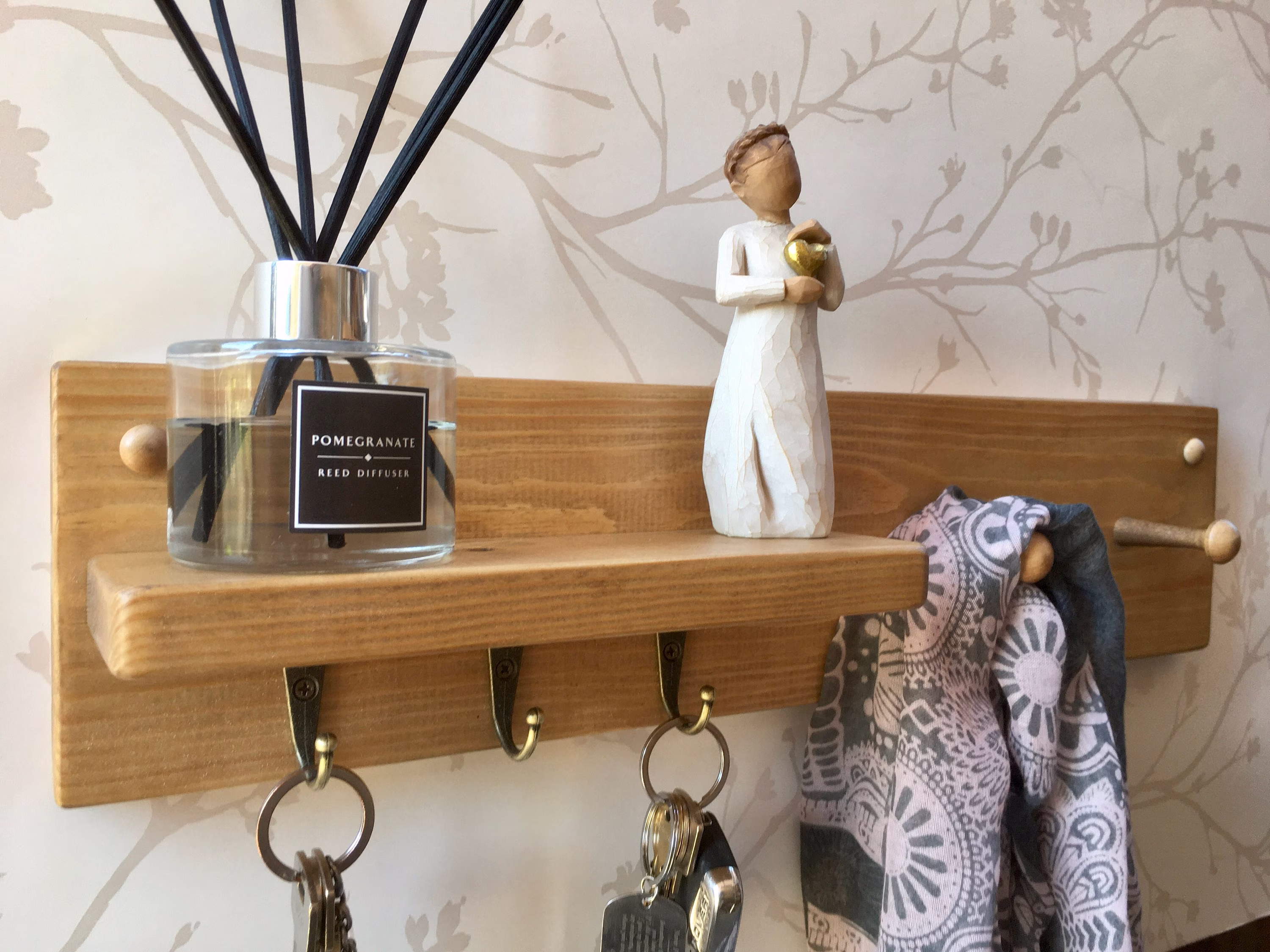 Lovely Handmade Key Hook Shaker Peg Shelf Finished in A Choice Of 3 Oak Waxes & Choice Different Hook Finishes Black/Brass/Silver