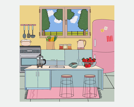 Illustrated Kitchen Art Print, Charming, Eclectic, Aesthetic, Gift, Home Decor, Wall Art, Kitchen, Interior Design, Kawaii, Pink, Fridge