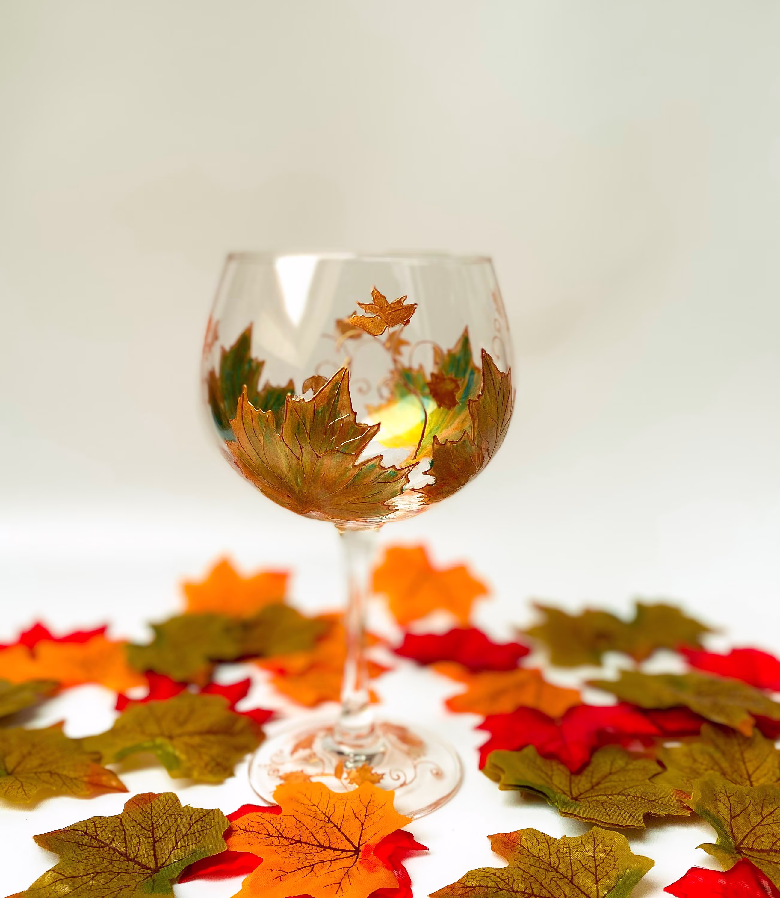 Hand Painted Gin Glass, Gold & Maple Leaves, Gifts For You, Unique Gin Can Be Personalised