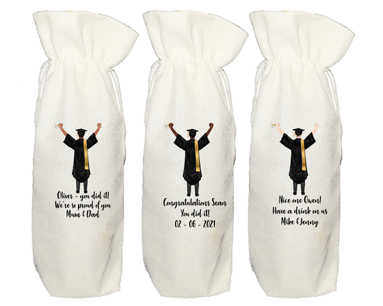 Personalised Graduation Wine Bottle Bag - Congratulations University College Degree Graduate Cap Gown Whisky Champagne