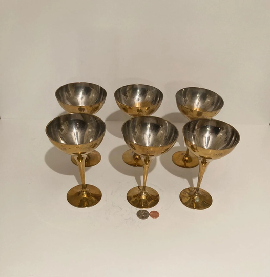 Vintage Set Of 6 Brass Metal Wine Cups, Goblets, Water, Each One Engraved With The Word "His
