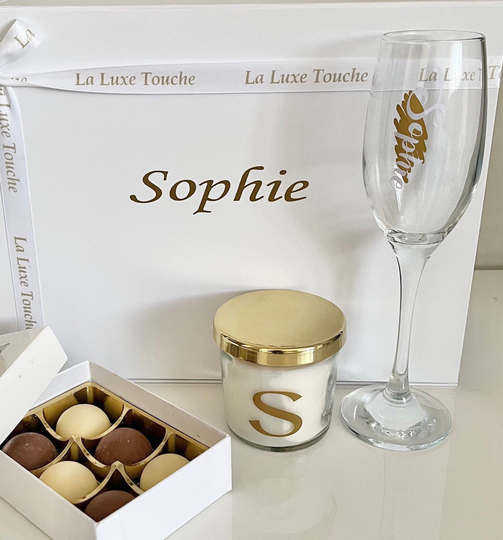 Personalised Ladies Gift Hamper, Incl. Handmade Chocolates. Choice Of Champagne Flute, Wine Glass, Or Glass Mug. Available in 3 Colours
