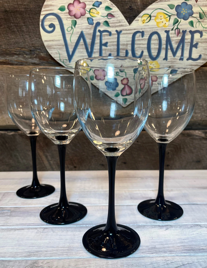 Set Of 4 | Four Vintage 12 Oz Wine Glasses By Cris D' Arques Luminarc - Domino Pattern, Black Stemmed Wine Glasses, 80's Barware