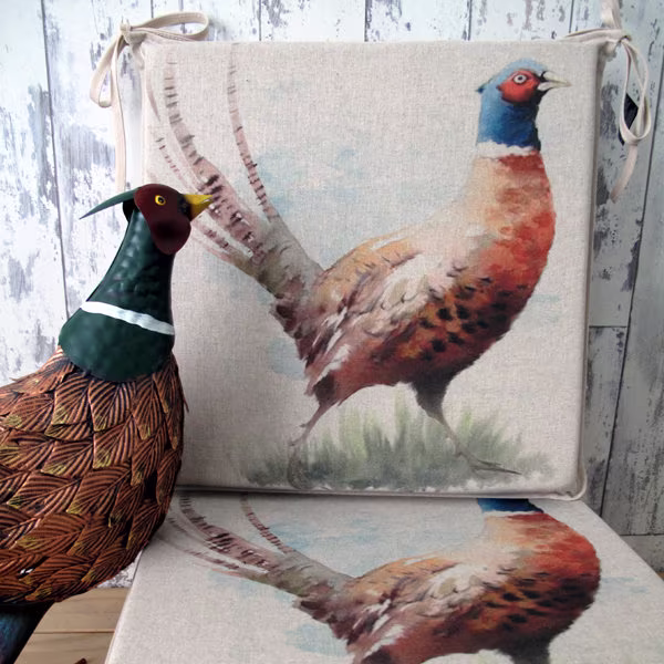 Set Of 4, 6 Or 8 Pheasant Reversible Square Seat Pads, Chair Large Printed Square Kitchen Chair Pad. Bistro, Bar, Patio Seat