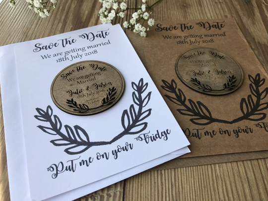 Wooden Save The Date Fridge Magnet With Laurel Leaf Detail - Wedding