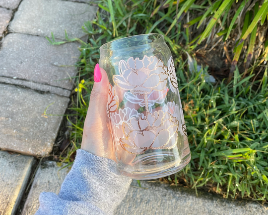 Color Change Libbey Glass Can, Iced Coffee Glass, Flower Peony Beer Can Personalized