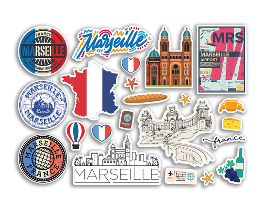 A5 Sticker Sheet Marseille Landmarks Vinyl Stickers - France City Map Airport Stamps Skyline Flag Travel Holiday Scrapbook Aesthetic #79031