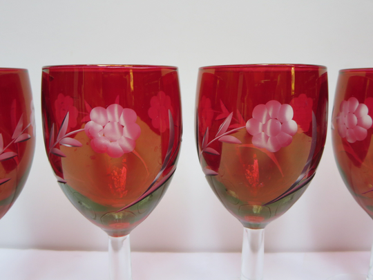French Wine Glasses~ Set 6~ Drinking Glass~ Footed Red Crystal~ Vintage Goblet~ Etched Table Service~ Home Accessory~ Gift