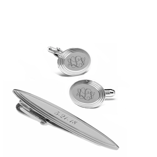 Engraved Cufflinks, Personalized Tie Clip, Monogrammed Cufflink Clip Set, Silver Wedding Accessories, Buy 6 Get 7Th Free
