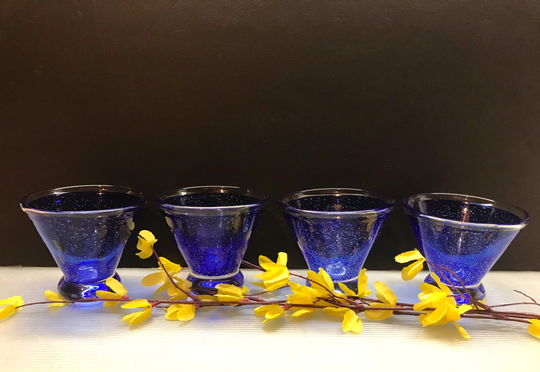 Vintage Cobalt Blue Martini Glasses ~ Set Of Bubbled Stemless - Set 4 Sherbet Postmodern Barware