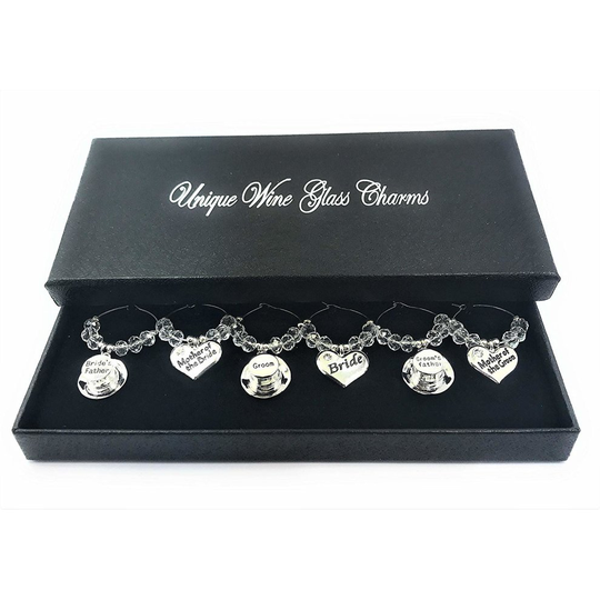 Set of 6 Wedding Top Table Wine Glass Charms with Gift Box
