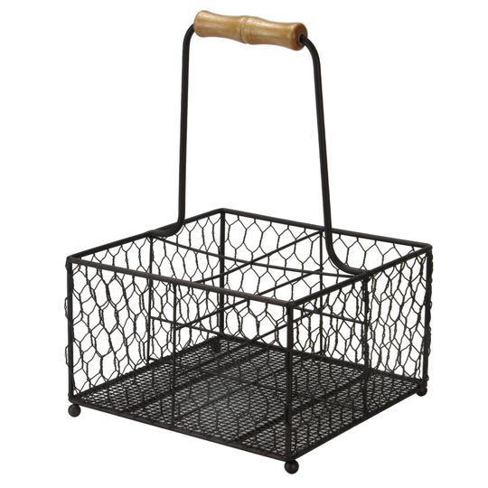 Condiment Caddy 4 Bottle Holder with Wooden Handle Wire Wine Carrier M&W