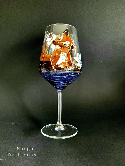 Personalised Fox Large Wine Glass, Unique Fox Lover Gift Woodland Decor Hand Painted Glass With & Water Lily Wildlife