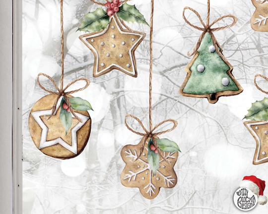 8 Cookie Baubles Christmas Window Sticker Decals With Separate Strings & Bows - Classy Watercolour Xmas Décor By Dizzy Duck