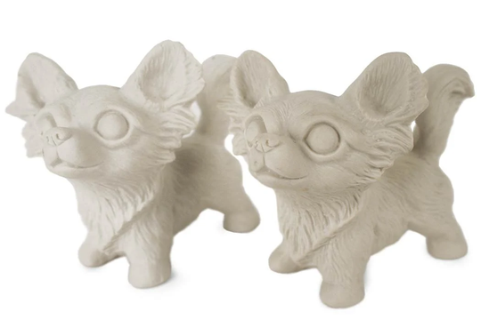 Chihuahua Long-Haired Handmade Unpainted Ceramics Cruet Set Mini Unglazed | 5cm X 8cm