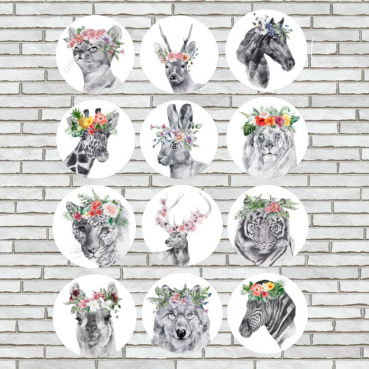 Choose Any 4 Watercolor Animals in Flower Crowns As Fridge Magnets Or Pinback Buttons Llama Wolf Giraffe Tiger Lion Rabbit Cat Zebra Horse