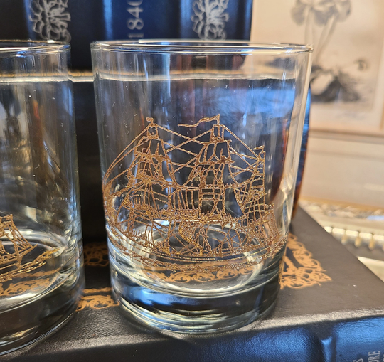 Tumblers, Short Bar Glasses, Beverage Vintage Craft Cocktail, Gold Ship, Thick Base, Nautical Pair