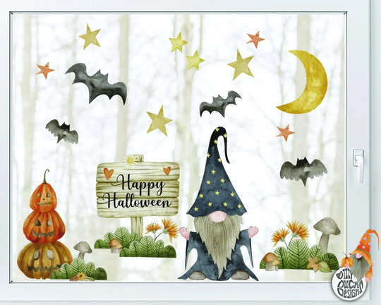 Halloween Gnome Decals - Cute Moon Stars Bats Pumpkins Autumn Window Classy Fall Decor By Dizzy Duck