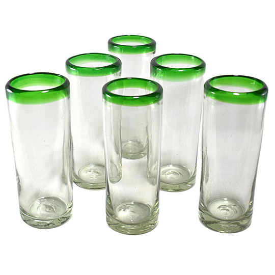 Highball Glasses | Artisan Crafted Blown Glass From Mexico Set Of 6 Pieces 100% Recycled Marey | Green Rim, 13 Oz