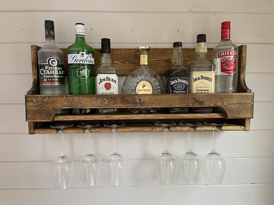75cm Floating Home Bar/ Wine Or Spirit Rack - Reclaimed Wood Curved Front - Jacobean + Led Lights Option