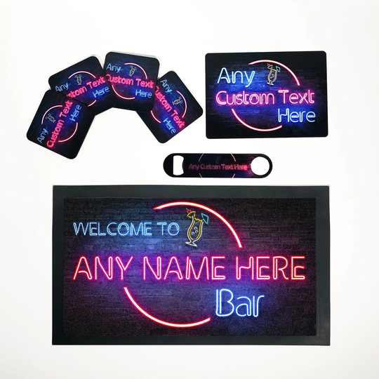 Personalised Bar Set - Neon Effect Runner Sign Wooden Coasters & Bottle Opener
