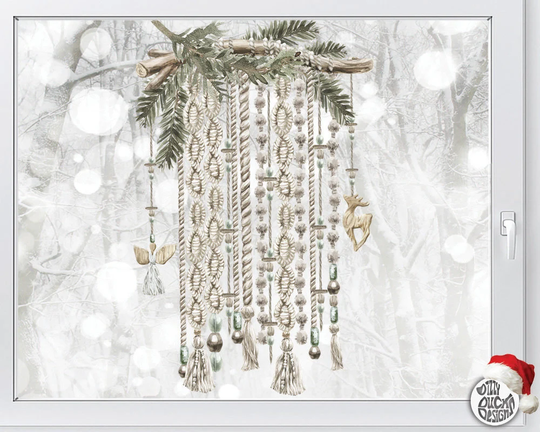 Boho Christmas Macrame Window Decal Tall - Classy Watercolour Xmas Stickers Reusable Seasonal Clings By Dizzy Duck