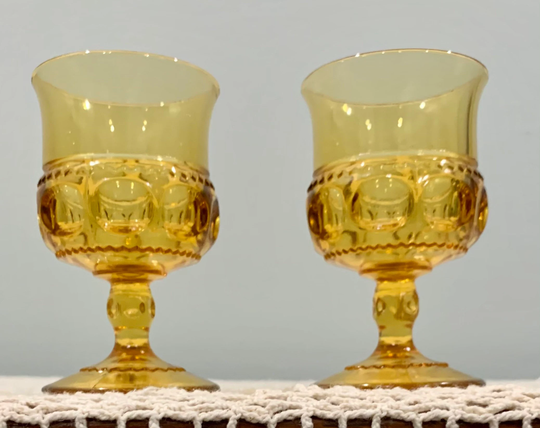 Vintage Amber Stemmed Kings Crown Thumbprint Wine Glasses - Set Of 2 Cordial Replacement Collectible Glass Mcm 70S