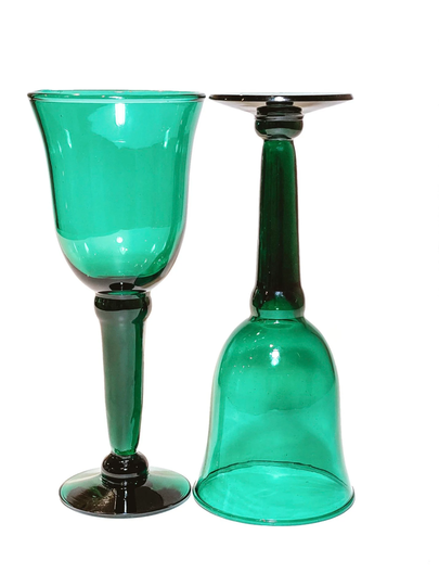 Set Of Two Mexican Blown Glass Emerald Green Goblets