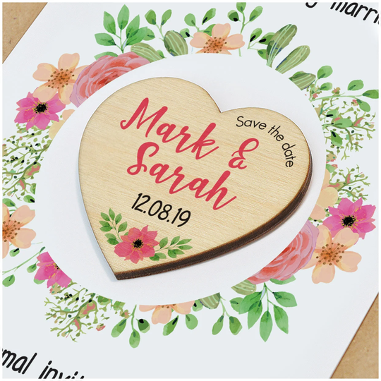 Floral Save The Date Cards - Flower Wedding Magnets Personalised Wooden Hearts Invitations