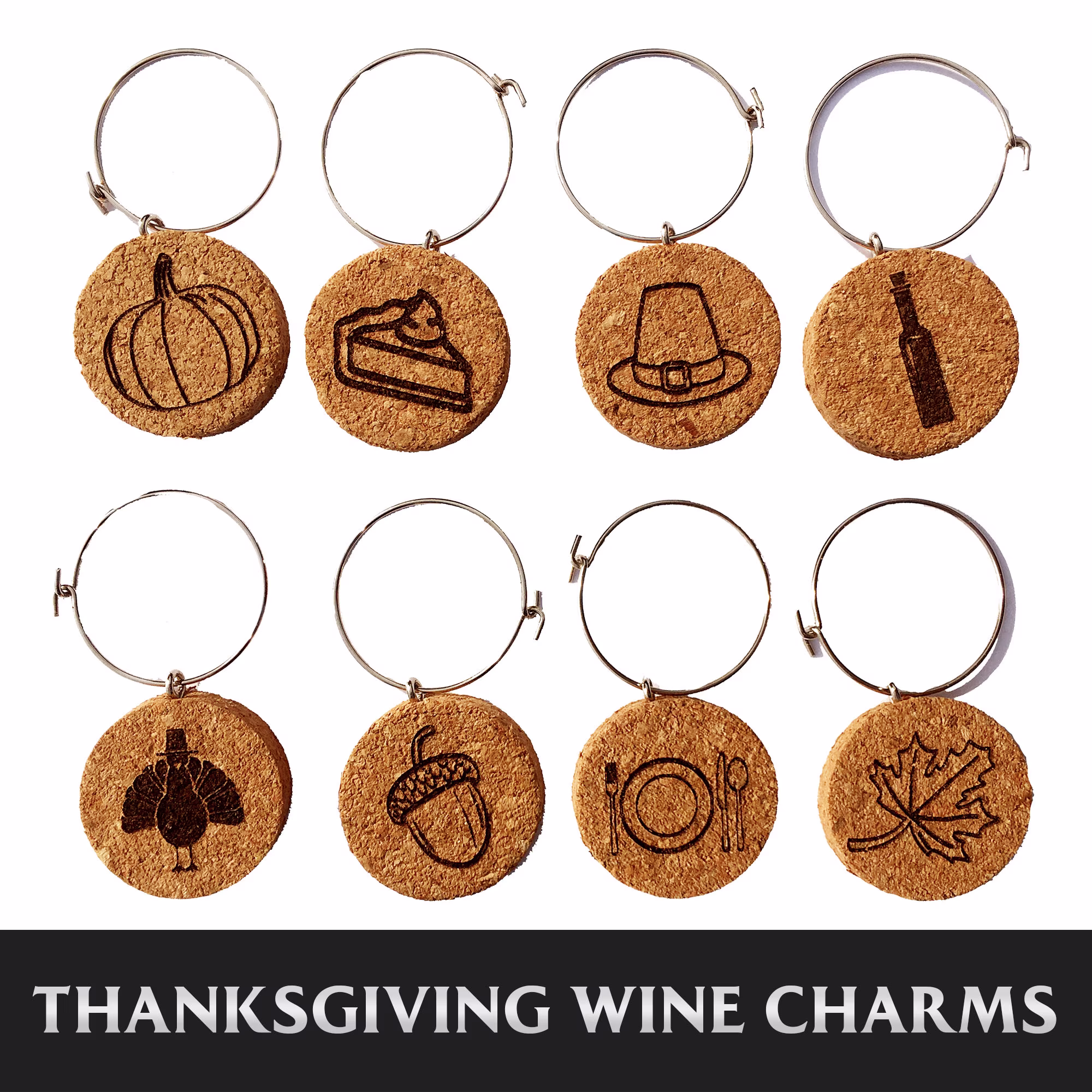 Thanksgiving Wine Charm Set - Theme | Set Of 8 Cork Glass Charms - Lover Gift, Hostess Unique Gift Set