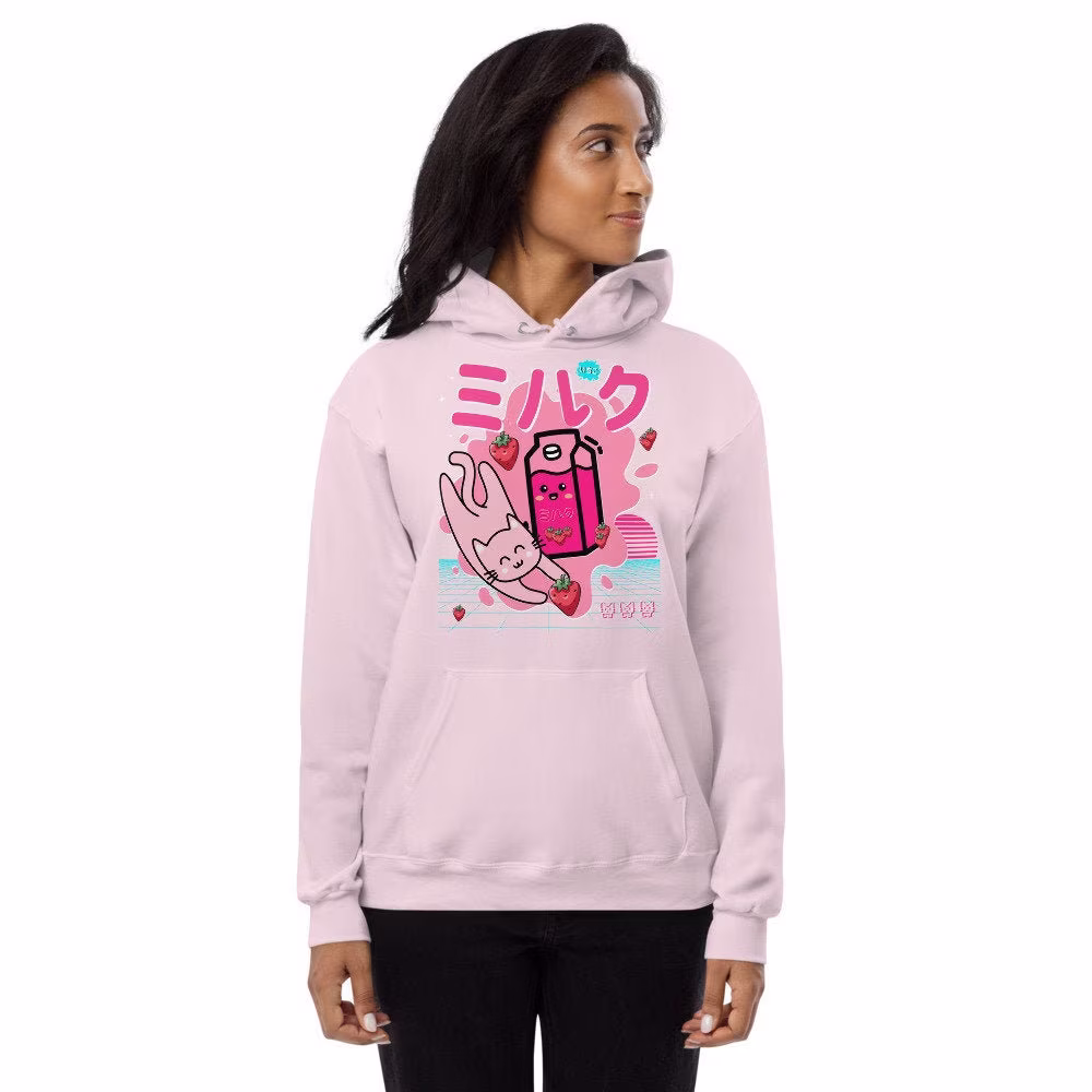 Pink Retro 90's Vaporwave Japanese Kawaii Cat Strawberry Milk Shake Carton Anime Georgenotfound Fan Girl Gift Gamer/Gaming Hoodie &