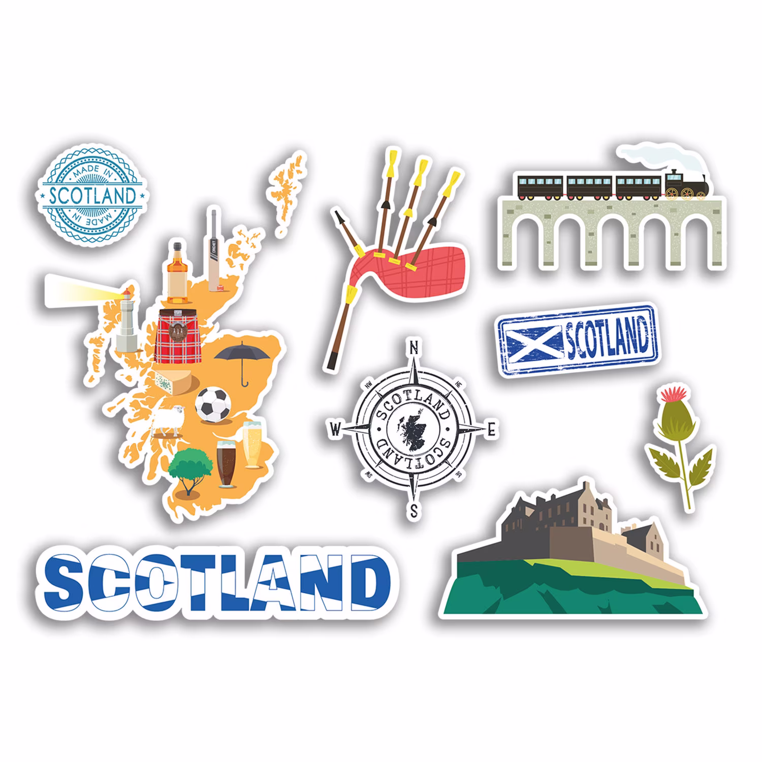 A5 Sticker Sheet Scotland Landmarks Vinyl Stickers - Scottish Country Map Airport Stamps Skyline Flag Travel Holiday City Aesthetic #77533