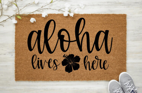 Aloha Lives Here Doormat | Hawaii Wedding Gift Housewarming Closing Tropical Decor Coastal