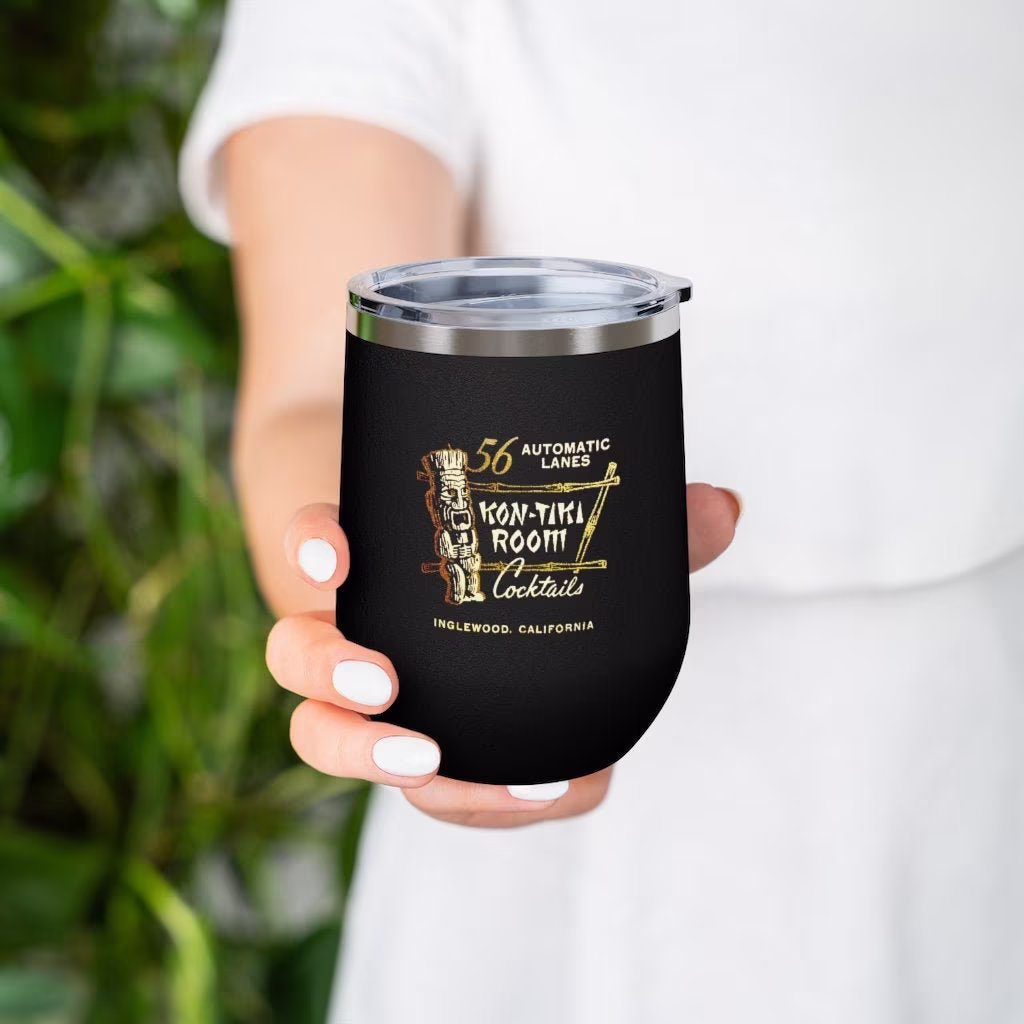 Retro Mid Century Modern Kon Tiki Room 12Oz Insulated Wine Tumbler, Black Or White Stainless Steel Finish, Tropical 1950S