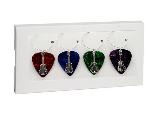 Acoustic Guitar Charm On Picks Wine Glass Charms Markers, Set Of 4, Choose Colors