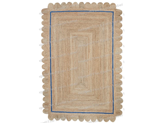 3x5, 4x6, 5x8, 6x9, 8x10, 9x12 Ft. Scalloped Jute Rug, Blue Trim Scallop Rug Boho Decor Handmade Runners