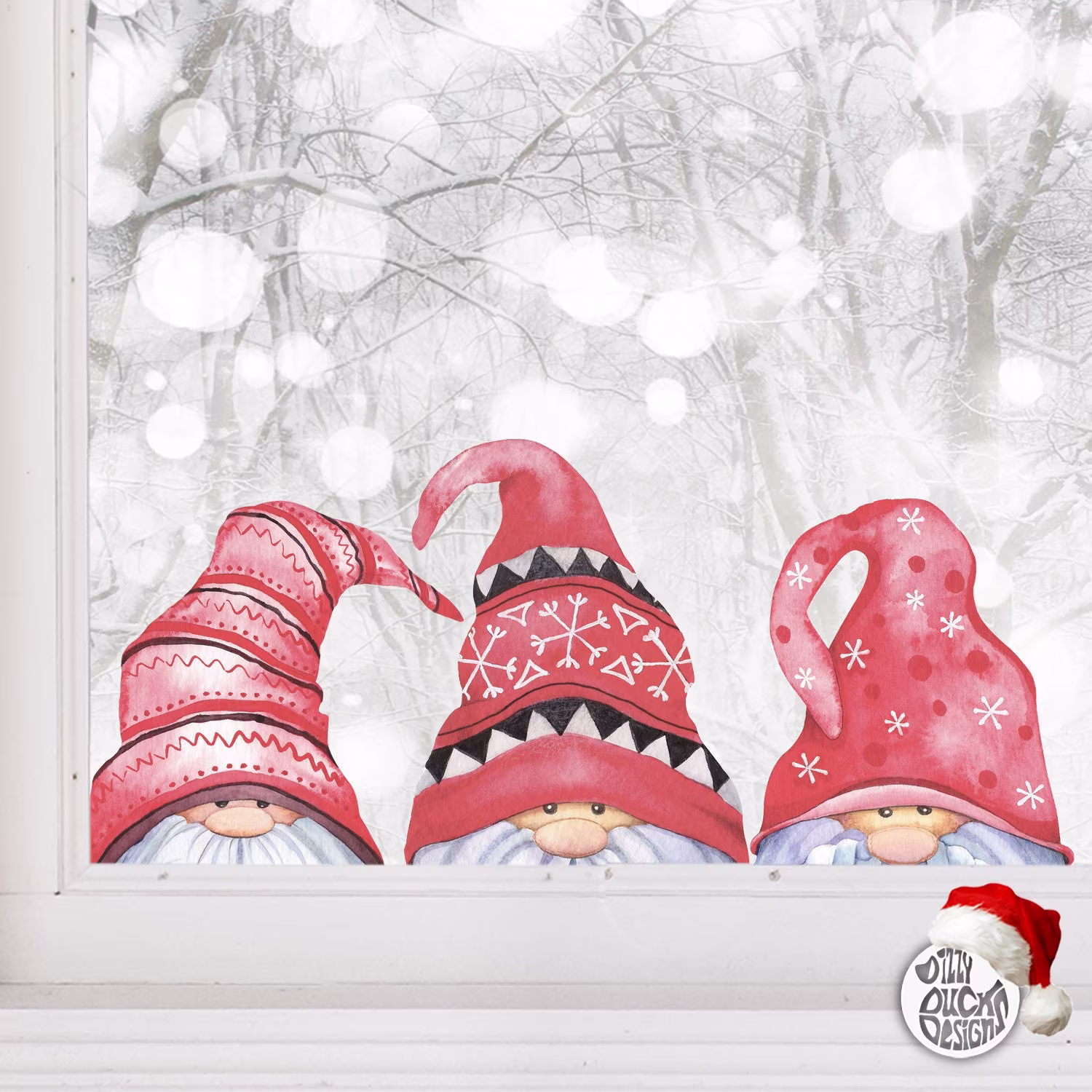 3 Christmas Gnome Window Cling Decal - Red Peeping Gonk Stickers By Dizzy Duck