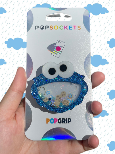 Blue Cookie Gobbler Resin Glitter Holographic Popsocket Snow Globe Effect Shaker Diamonds Stars Sprinkles