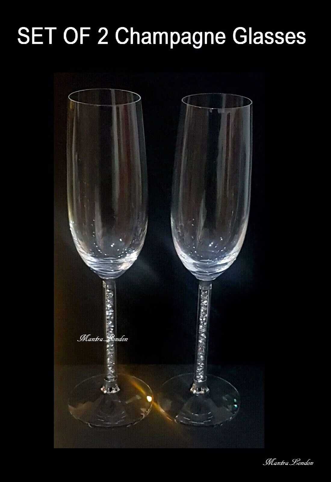 2 Luxury Champagne Glasses 25 cm Crystal Crushed Diamond