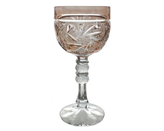Vintage Peach Blush Wine Glass Goblet Hock Flashed Stained Pressed 24% Lead Crystal Annahuette Annahütte Bavaria Germany 1980S Pinwheel Star