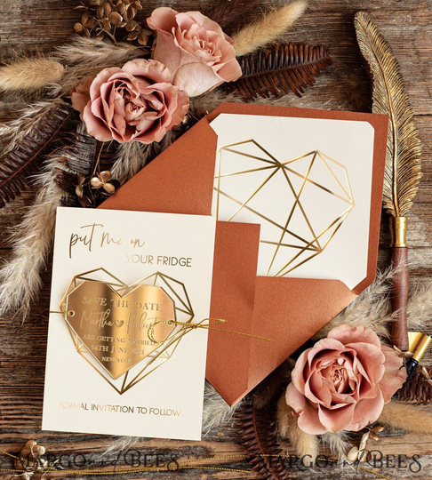 Terracotta Heart Gold Acrylic Save The Date Magnet Card Wedding Dates Plexi Magnets Boho Date Geometric