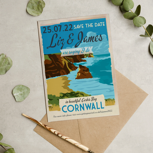 Cornwall, Cornish Coast Postcard Destination Wedding Save The Date Cards & Envelopes