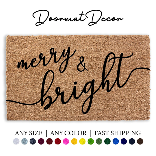 Merry & Bright Doormat, Holiday Decor Door Mat, Flocked Coir Welcome Outdoor Entryway Front Rug, Christmas Gift